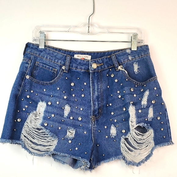 NWT Mele E Pere Womens Denim Blue Jeans Shorts Distressed All Over Stones, sz LG - Picture 1 of 13